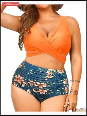 Women Plus Size High Waisted Bikini Two Piece Tummy Control Swimwear Wrap Tie